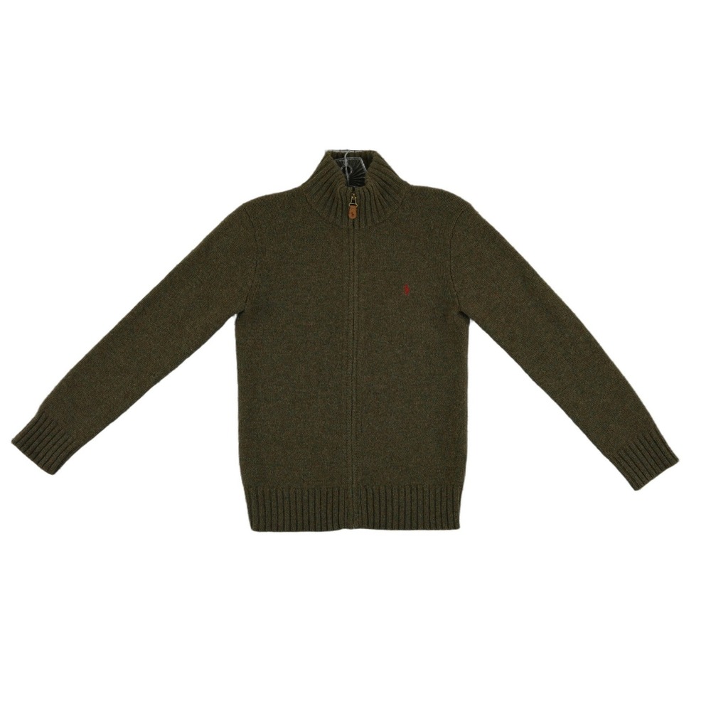 Polo Ralph Lauren Full Zip Sweater Boys Size Medium 12-14 Olive 100% Lambswool